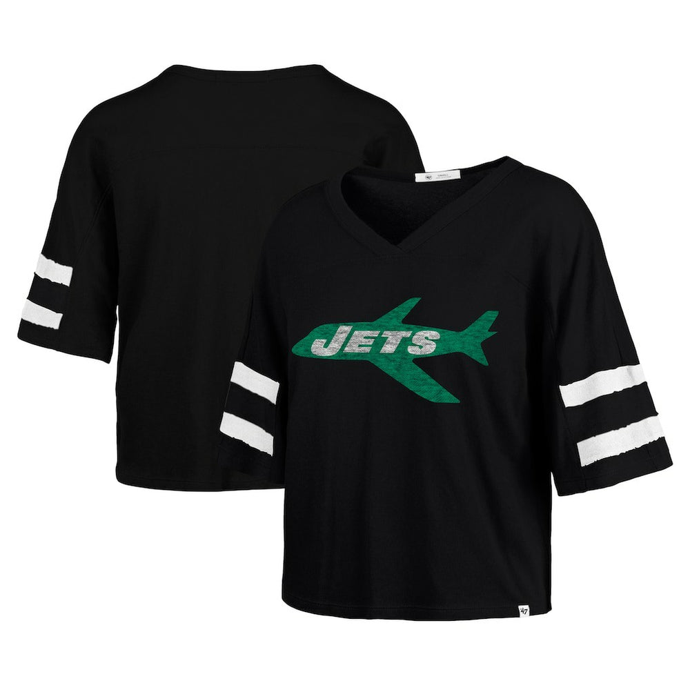 New York Jets '47 Women's Double Header Scout Cropped V-Neck T-Shirt Black
