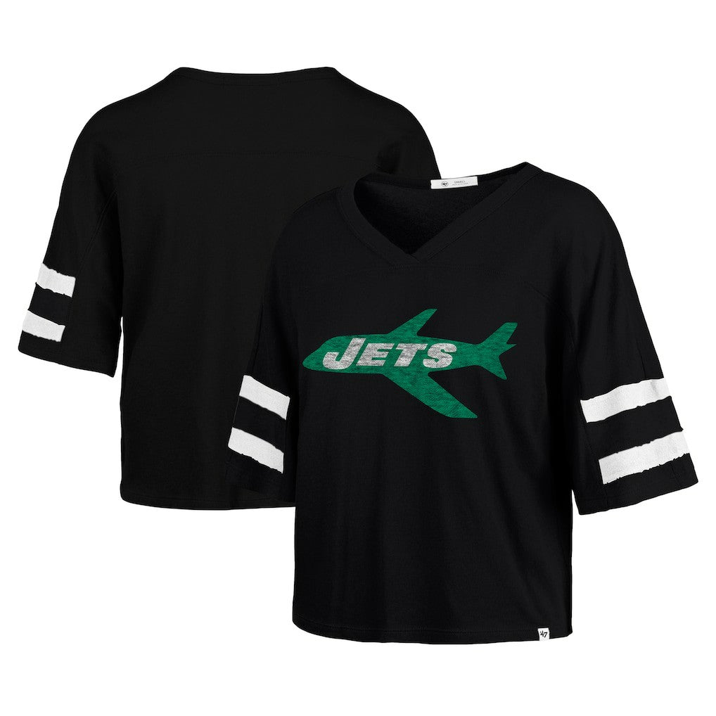 New York Jets '47 Women's Double Header Scout Cropped V-Neck T-Shirt Black