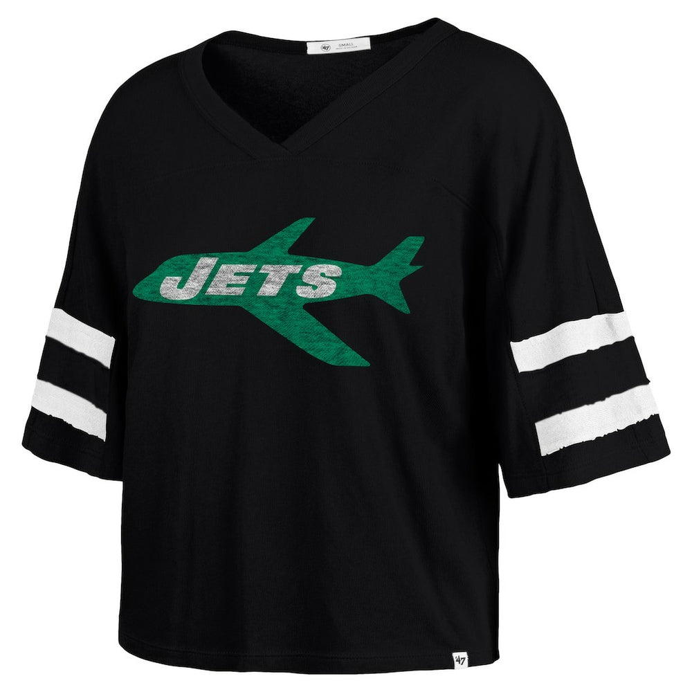 New York Jets '47 Women's Double Header Scout Cropped V-Neck T-Shirt Black