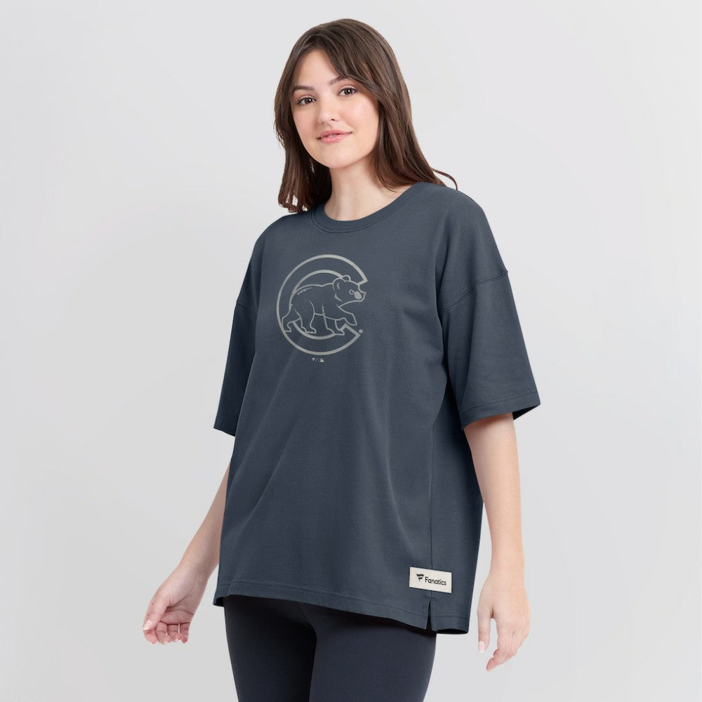 Chicago Cubs Fanatics Women's Oversized Elements Raw Edge Future Ground T-Shirt - Blue T-shirts