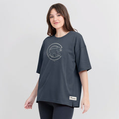 Chicago Cubs Fanatics Women's Oversized Elements Raw Edge Future Ground T-Shirt - Blue T-shirts