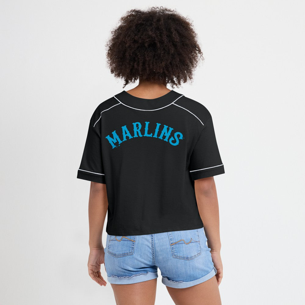 Miami Marlins Fanatics Women's Oversized Champ Game Cropped  V-Neck T-Shirt - Black T-shirts