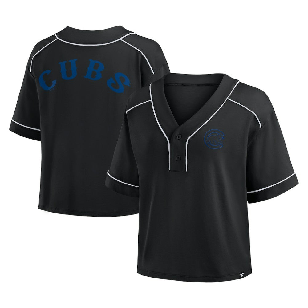 Chicago Cubs Fanatics Women's Oversized Champ Game Cropped  V-Neck T-Shirt - Black T-shirts