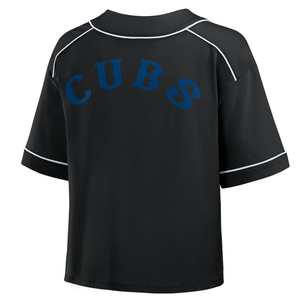 Chicago Cubs Fanatics Women's Oversized Champ Game Cropped  V-Neck T-Shirt - Black T-shirts