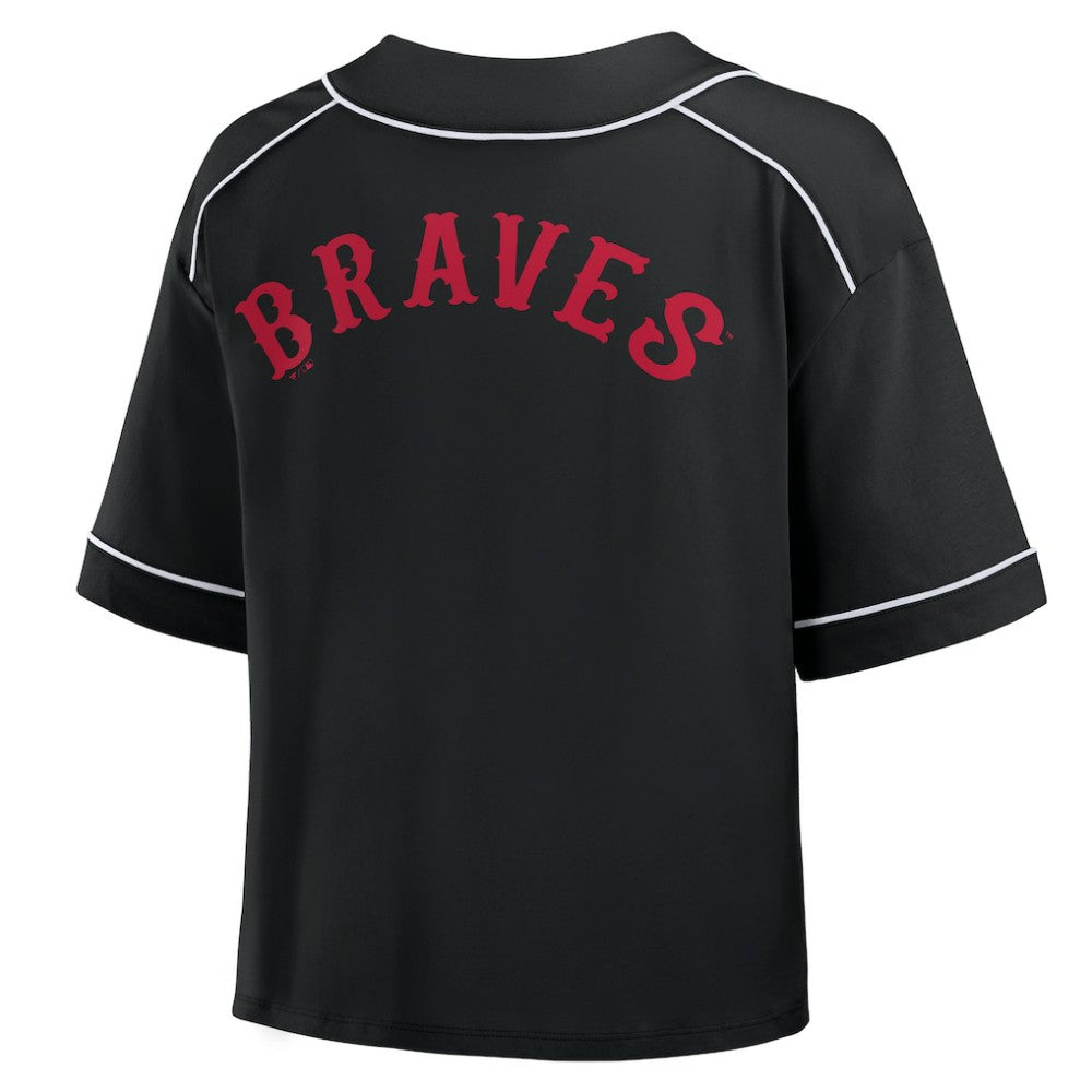 Atlanta Braves Fanatics Women's Oversized Champ Game Cropped  V-Neck T-Shirt - Black T-shirts