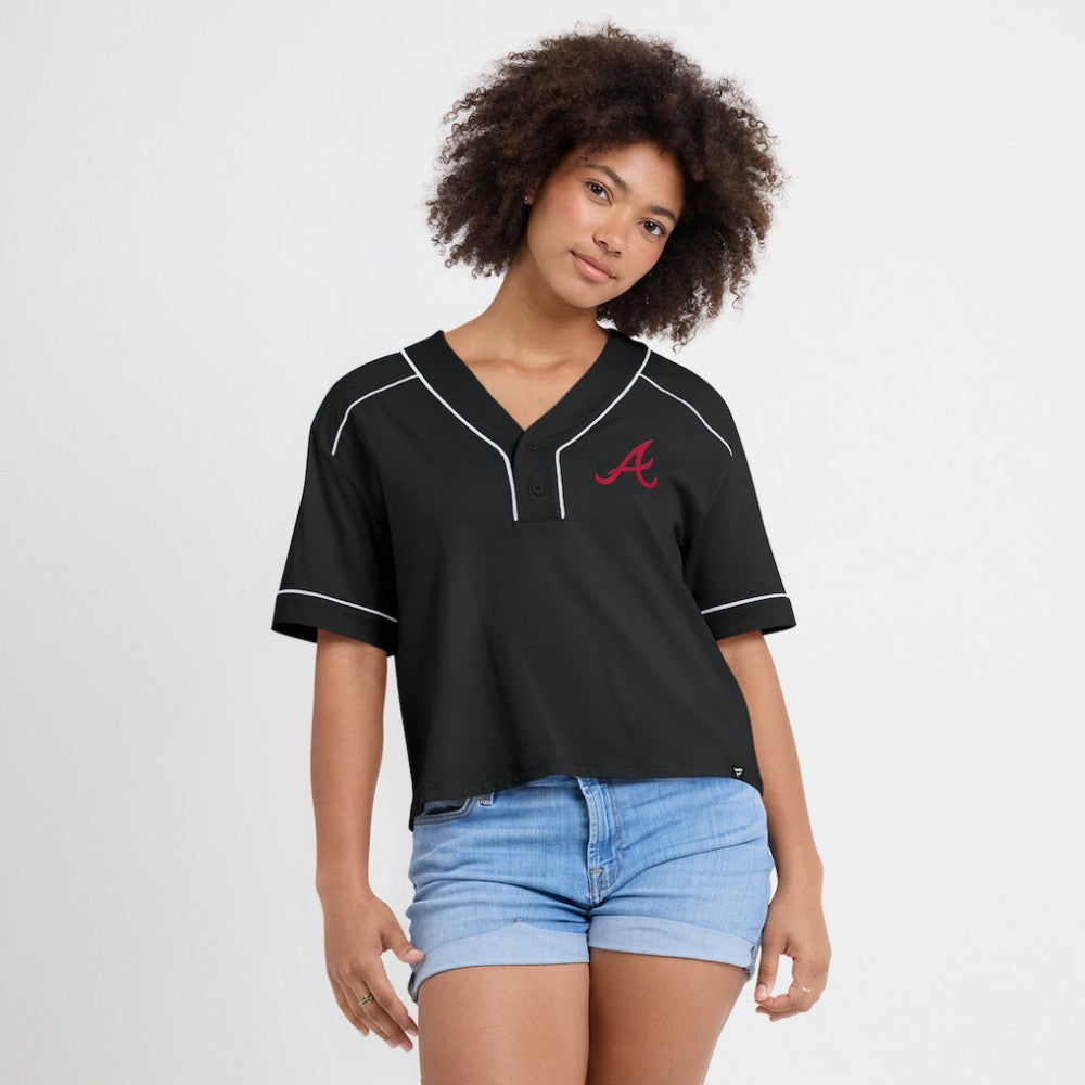 Atlanta Braves Fanatics Women's Oversized Champ Game Cropped  V-Neck T-Shirt - Black T-shirts