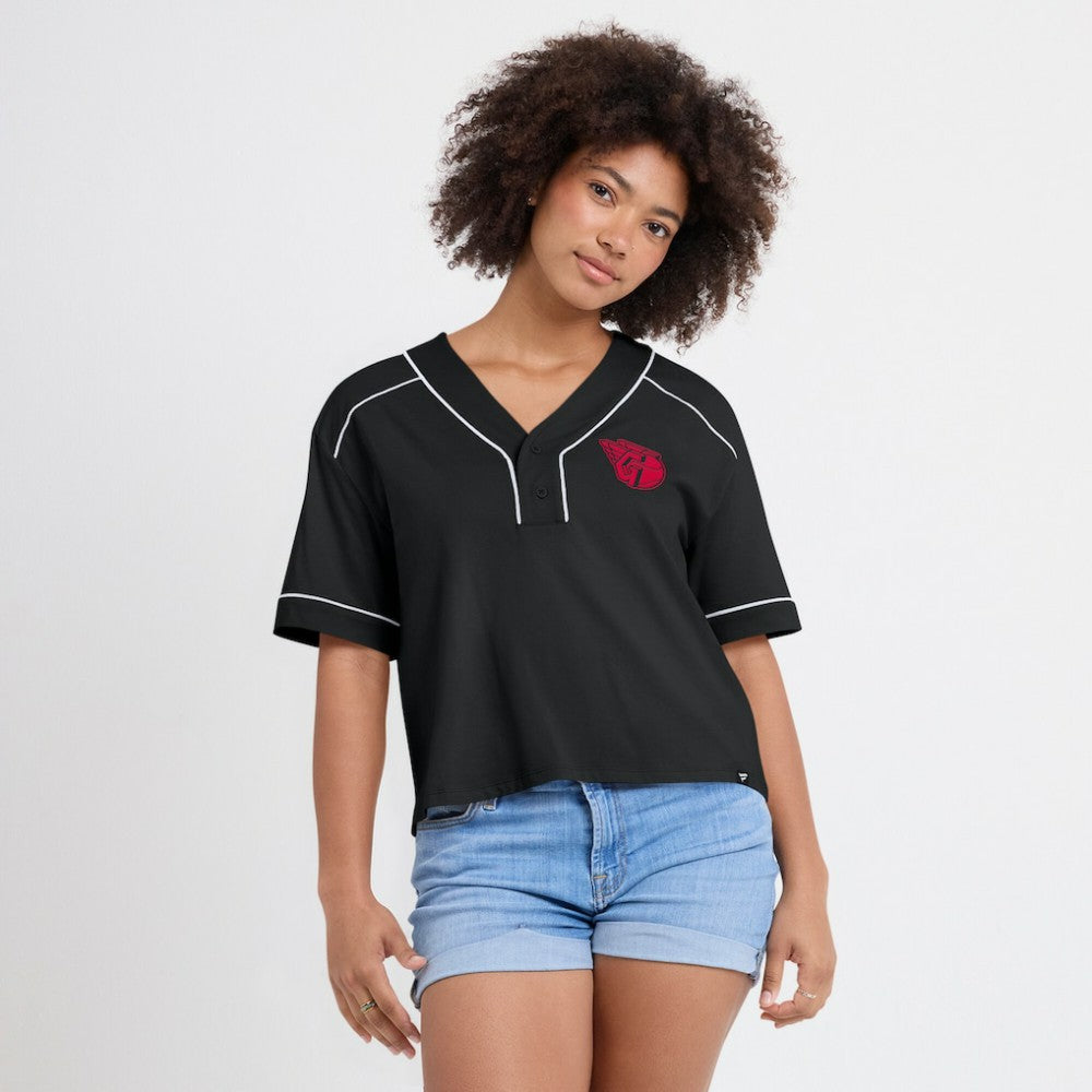 Cleveland Guardians Fanatics Women's Oversized Champ Game Cropped  V-Neck T-Shirt - Black T-shirts