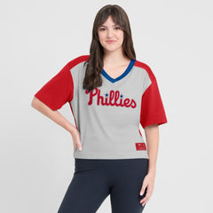Philadelphia Phillies Fanatics Oversized Race To Win V-Neck T-Shirt - Red/Graphite T-shirts