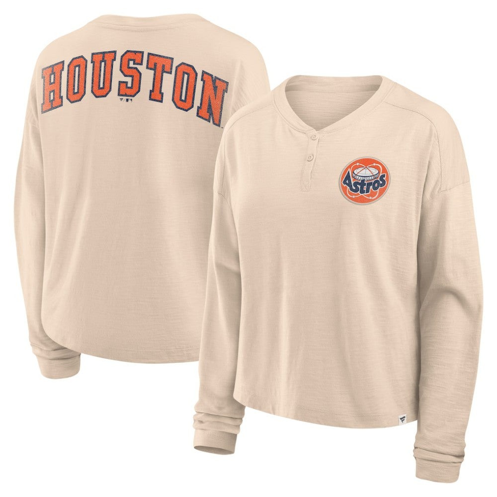 Houston Astros Fanatics Women's Oversized Stadium Slub Long Sleeve Henley T-Shirt - Tan T-shirts