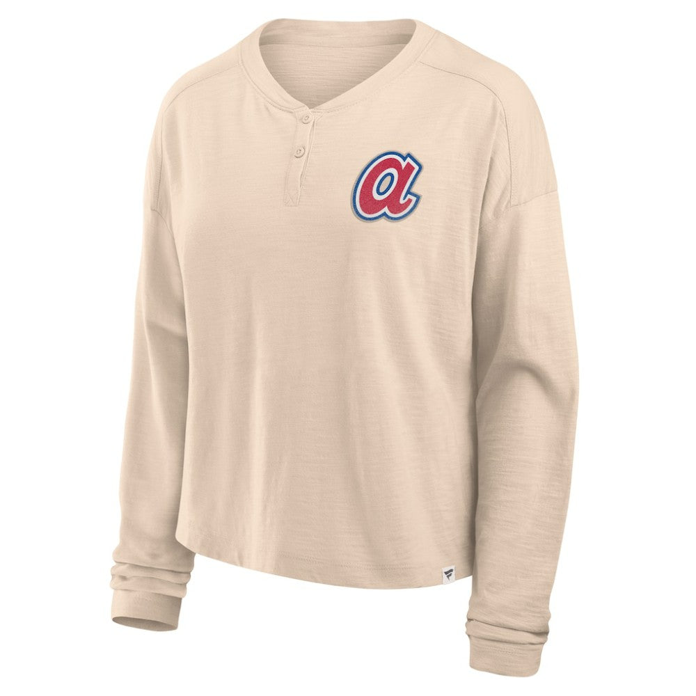 Atlanta Braves Fanatics Women's Oversized Stadium Slub Long Sleeve Henley T-Shirt - Tan T-shirts