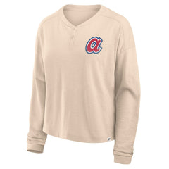 Atlanta Braves Fanatics Women's Oversized Stadium Slub Long Sleeve Henley T-Shirt - Tan T-shirts