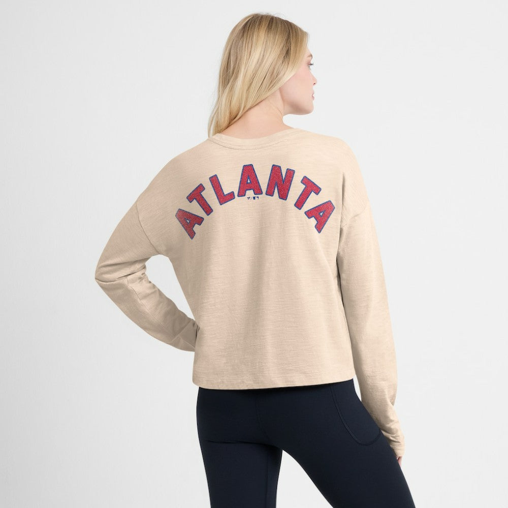 Atlanta Braves Fanatics Women's Oversized Stadium Slub Long Sleeve Henley T-Shirt - Tan T-shirts