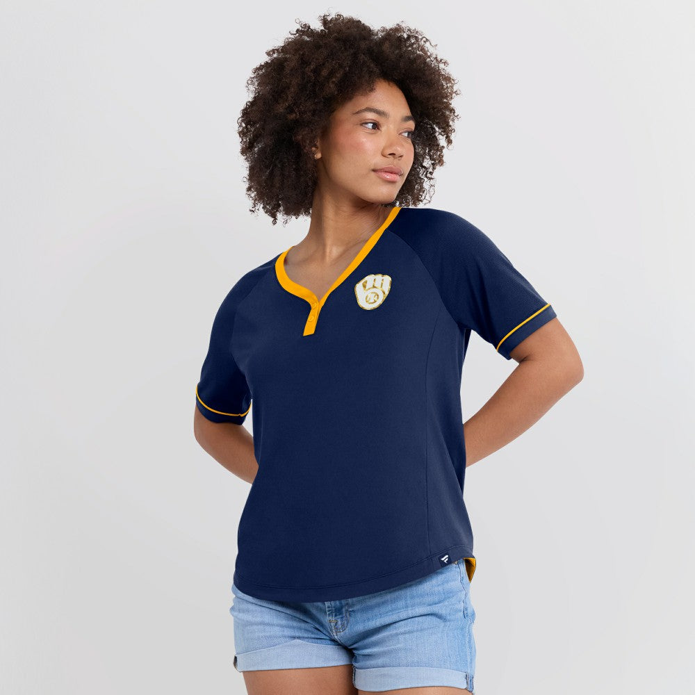 Milwaukee Brewers Fanatics Women's League Diva Star Raglan V-Neck T-Shirt - Navy T-shirts