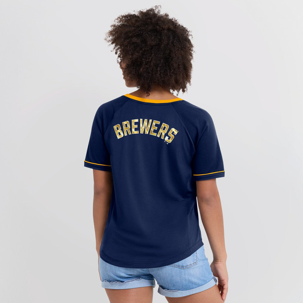 Milwaukee Brewers Fanatics Women's League Diva Star Raglan V-Neck T-Shirt - Navy T-shirts