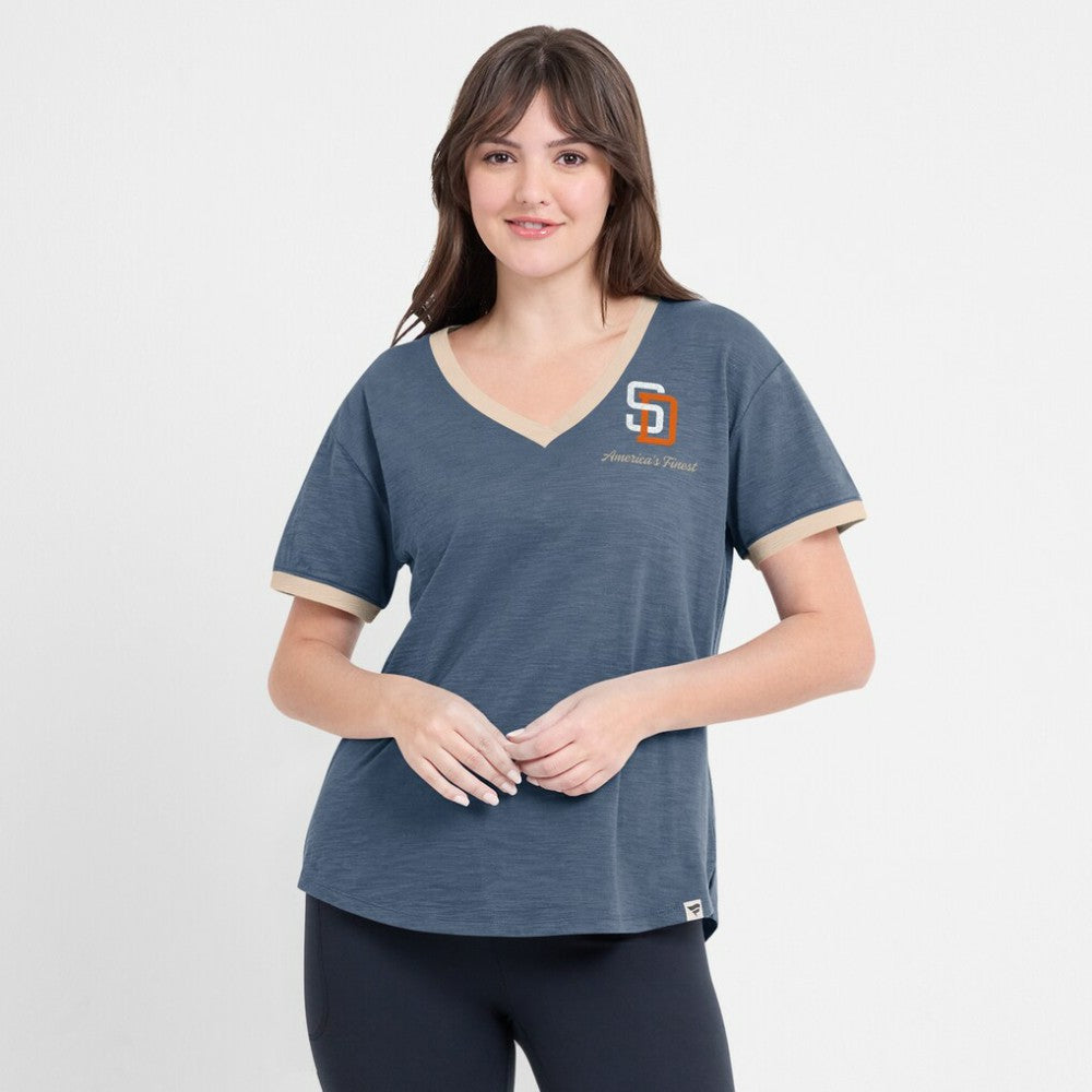 San Diego Padres Fanatics Women's Binge Worthy Stadium Slub V-Neck T-Shirt - Navy T-shirts