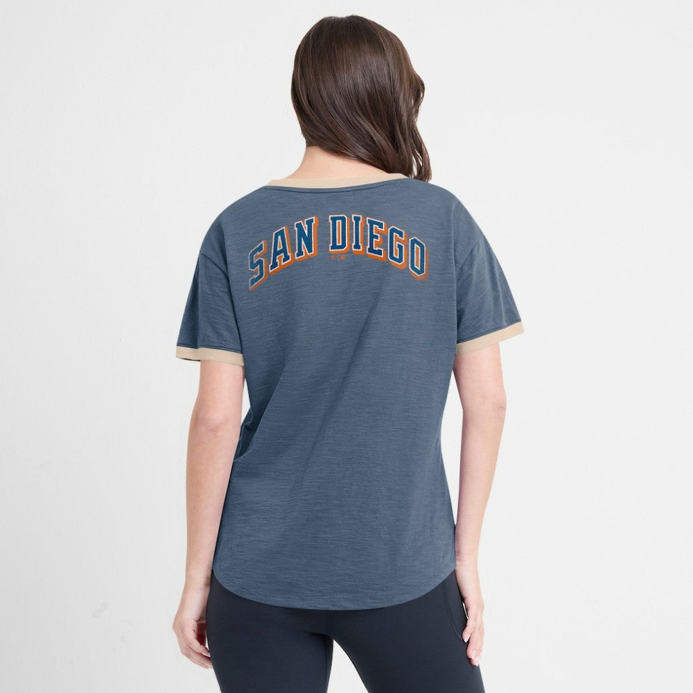 San Diego Padres Fanatics Women's Binge Worthy Stadium Slub V-Neck T-Shirt - Navy T-shirts