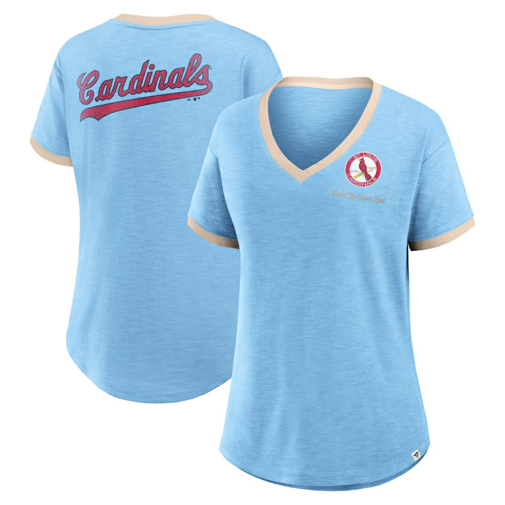 St. Louis Cardinals Fanatics Women's Binge Worthy Stadium Slub V-Neck T-Shirt - Light Blue T-shirts