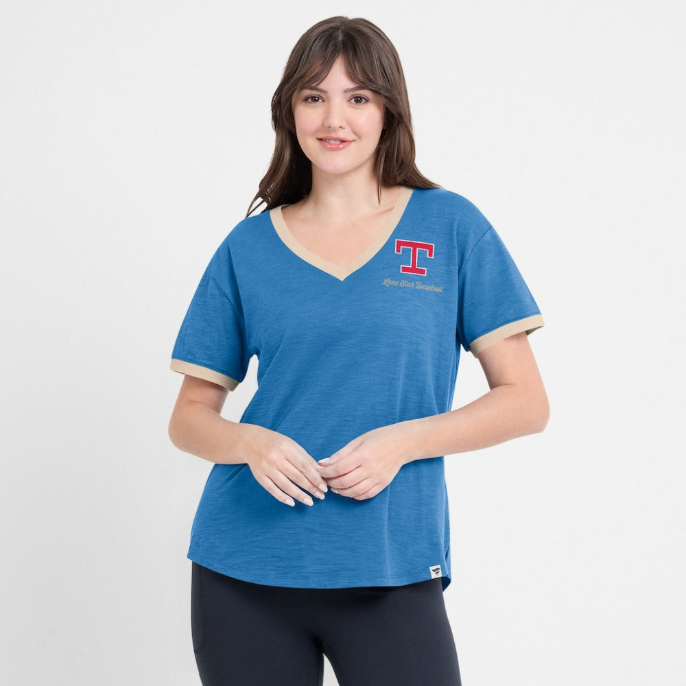 Texas Rangers Fanatics Women's Binge Worthy Stadium Slub V-Neck T-Shirt - Royal T-shirts