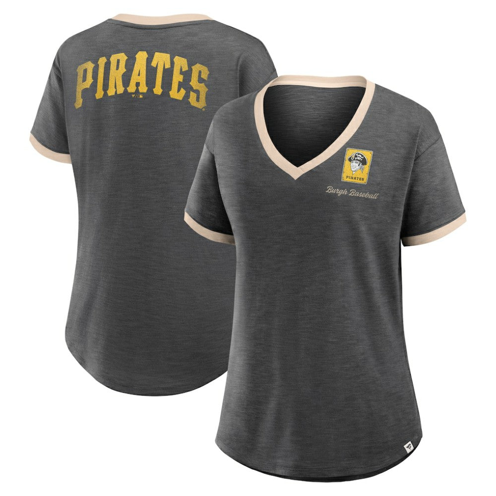 Pittsburgh Pirates Fanatics Women's Binge Worthy Stadium Slub V-Neck T-Shirt - Black T-shirts
