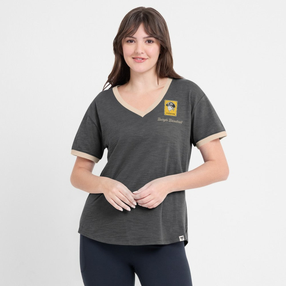 Pittsburgh Pirates Fanatics Women's Binge Worthy Stadium Slub V-Neck T-Shirt - Black T-shirts