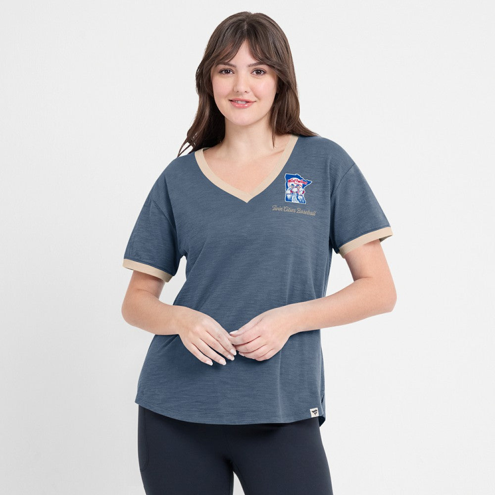 Minnesota Twins Fanatics Women's Binge Worthy Stadium Slub V-Neck T-Shirt - Navy T-shirts