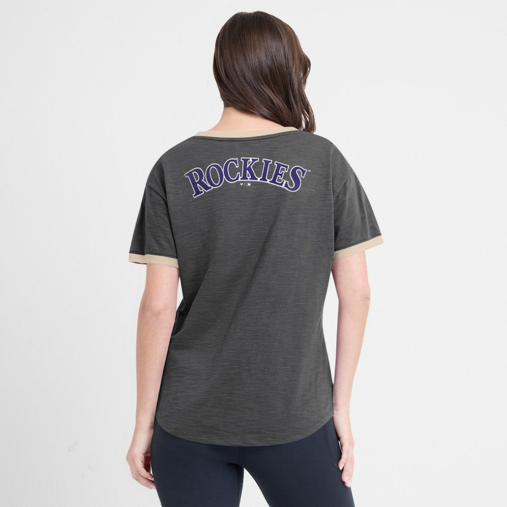 Colorado Rockies Fanatics Women's Binge Worthy Stadium Slub V-Neck T-Shirt - Black T-shirts