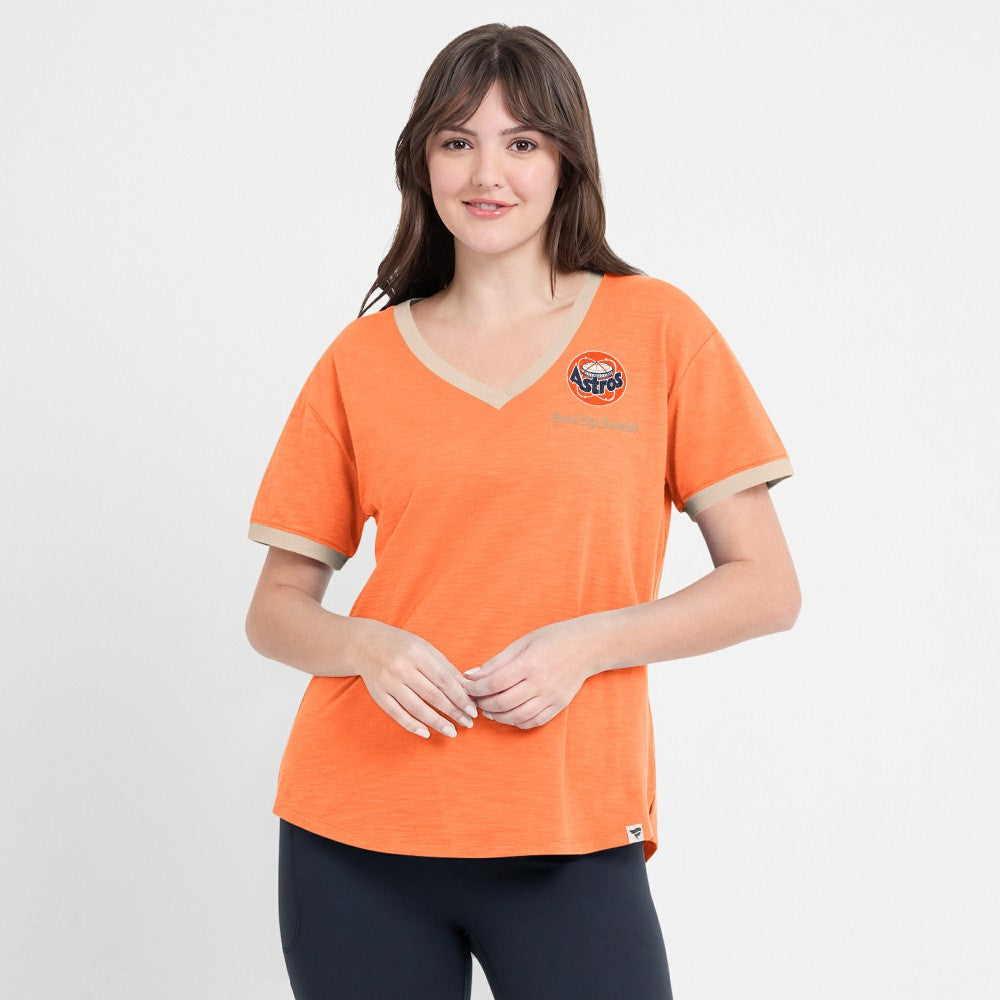 Houston Astros Fanatics Women's Binge Worthy Stadium Slub V-Neck T-Shirt - Orange T-shirts