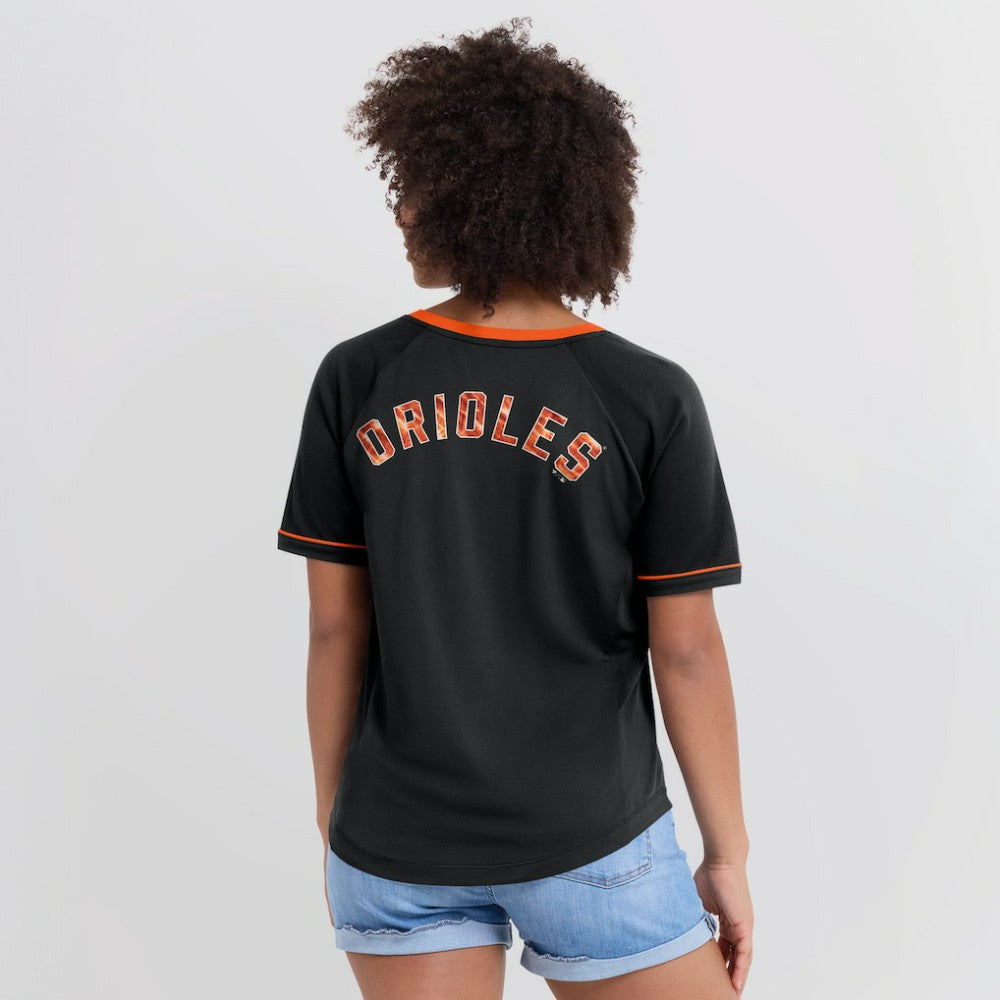 Baltimore Orioles Fanatics Women's Cooperstown Collection League Diva Raglan V-Neck T-Shirt - Black T-shirts