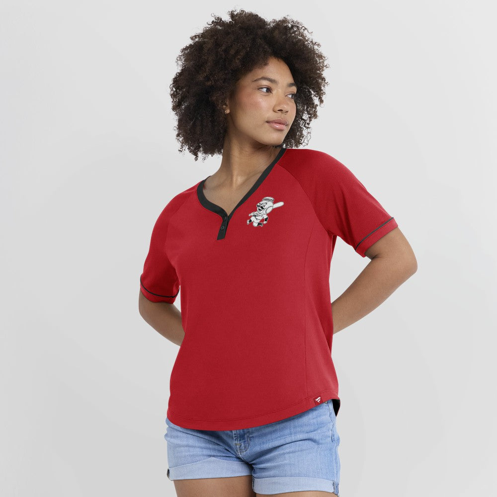 Cincinnati Reds Fanatics Women's Cooperstown Collection League Diva Raglan V-Neck T-Shirt - Red T-shirts