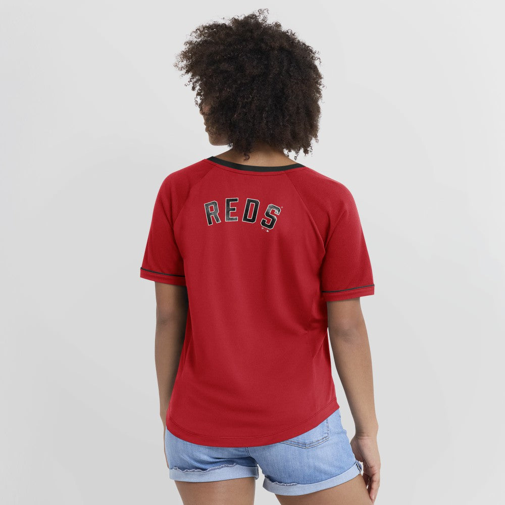 Cincinnati Reds Fanatics Women's Cooperstown Collection League Diva Raglan V-Neck T-Shirt - Red T-shirts