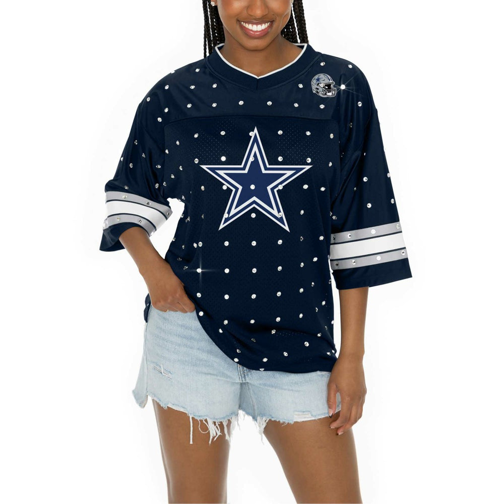 Dallas Cowboys Gameday Couture Women's Kickoff Time Allover Rhinestone Sports Stripe Jersey V-Neck T-Shirt Navy