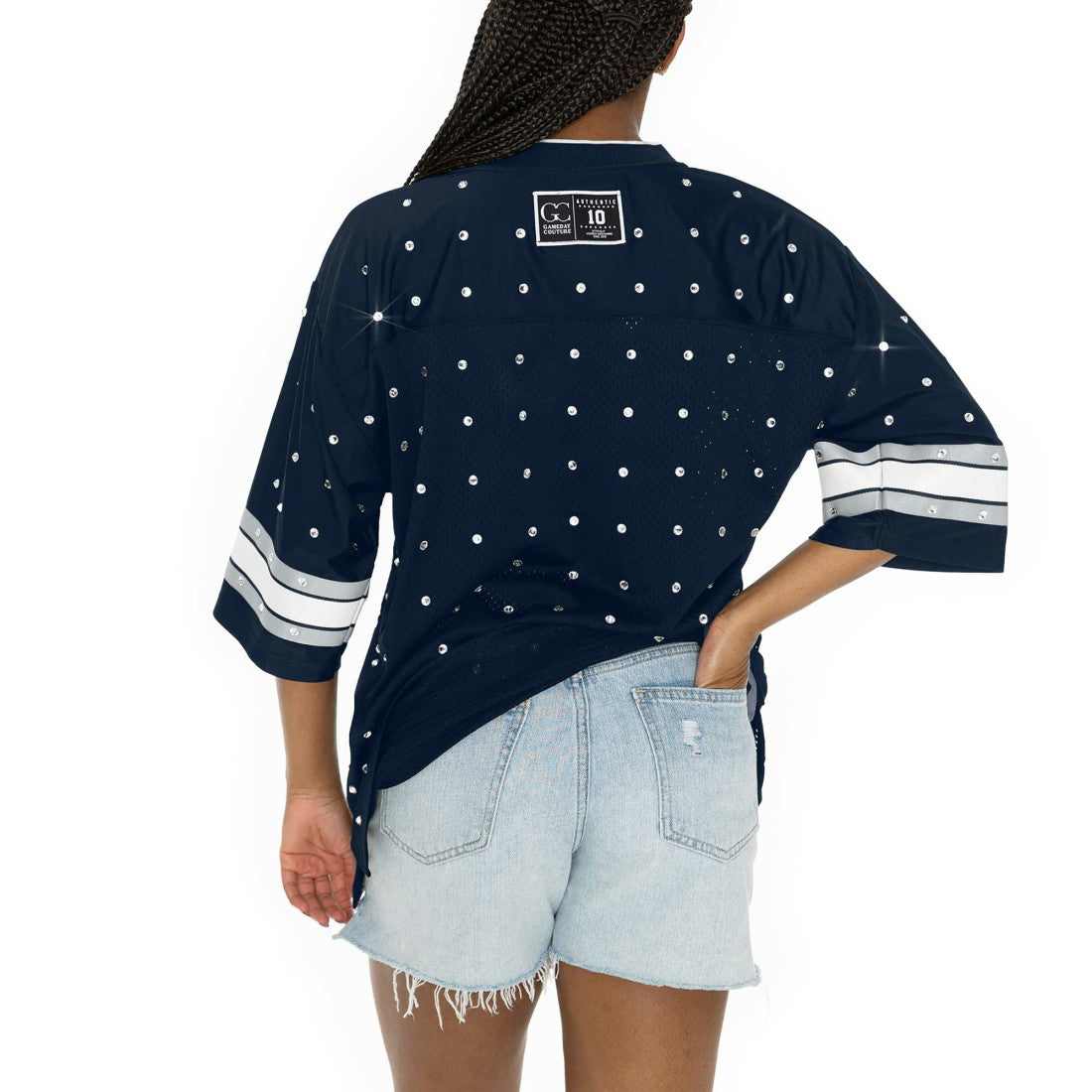 Dallas Cowboys Gameday Couture Women's Kickoff Time Allover Rhinestone Sports Stripe Jersey V-Neck T-Shirt Navy