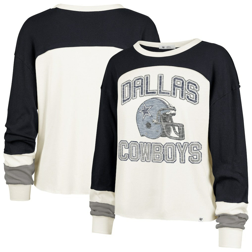 Dallas Cowboys '47 Women's Plus Size Double Header Curve Toni Long Sleeve T-Shirt Cream/Navy