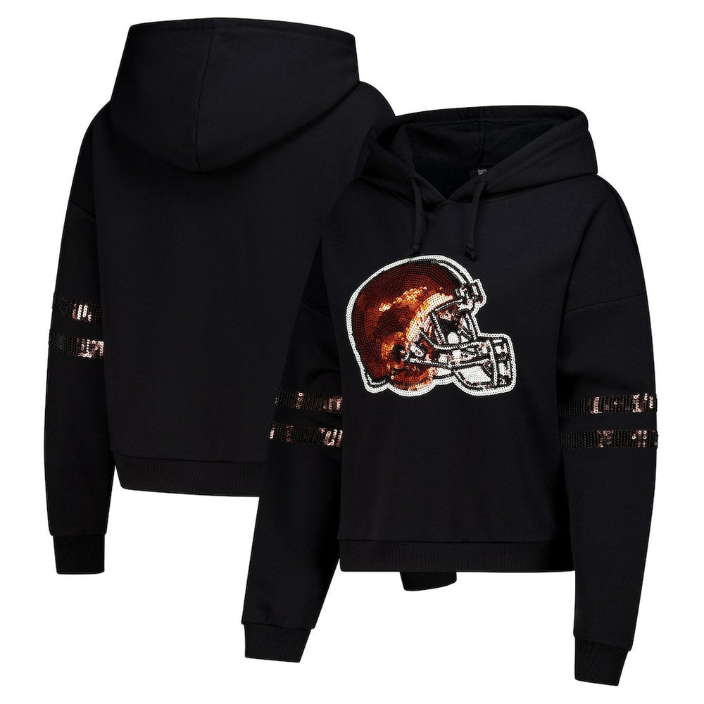 Cleveland Browns Cuce Women's Cropped Sequins Pullover Hoodie Black