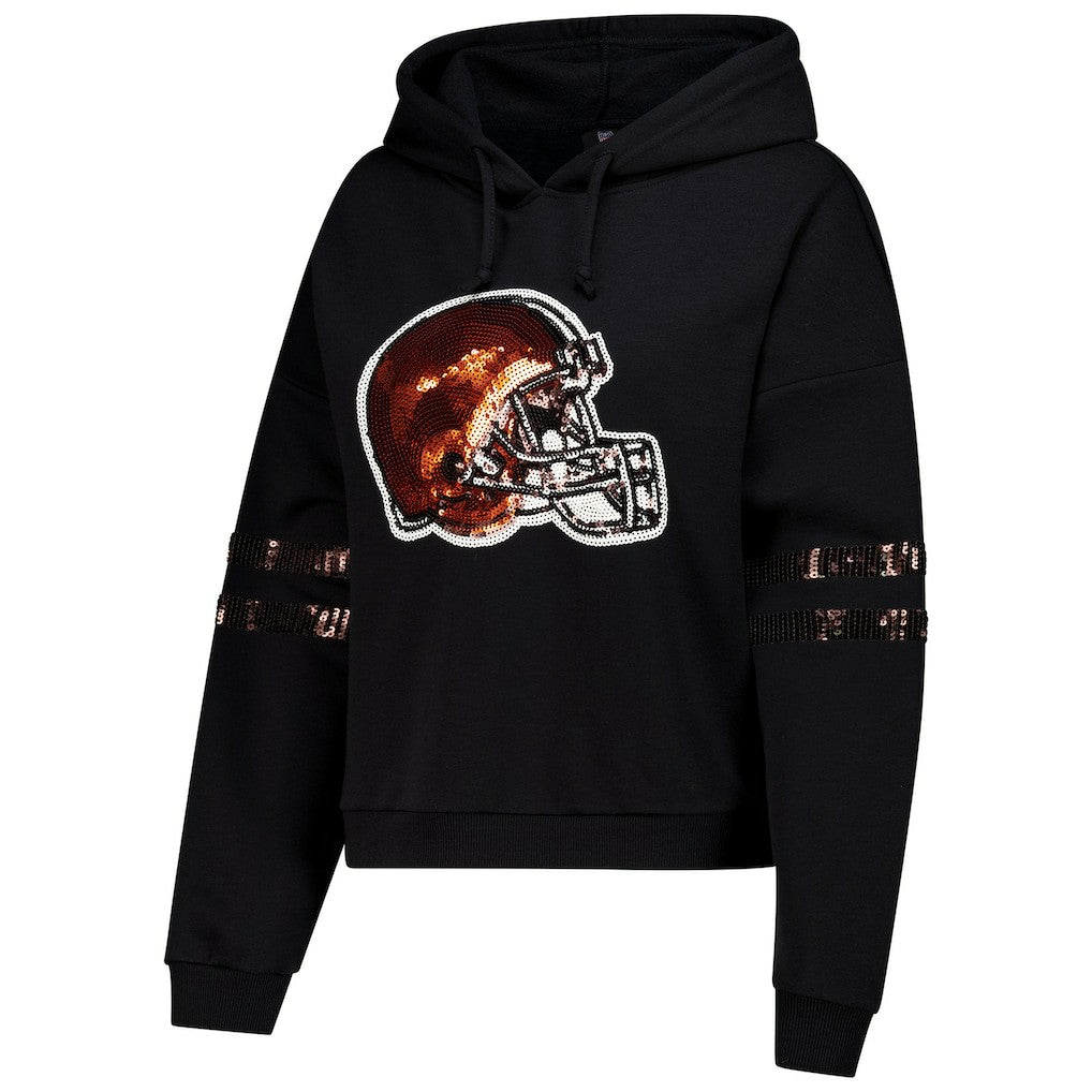 Cleveland Browns Cuce Women's Cropped Sequins Pullover Hoodie Black