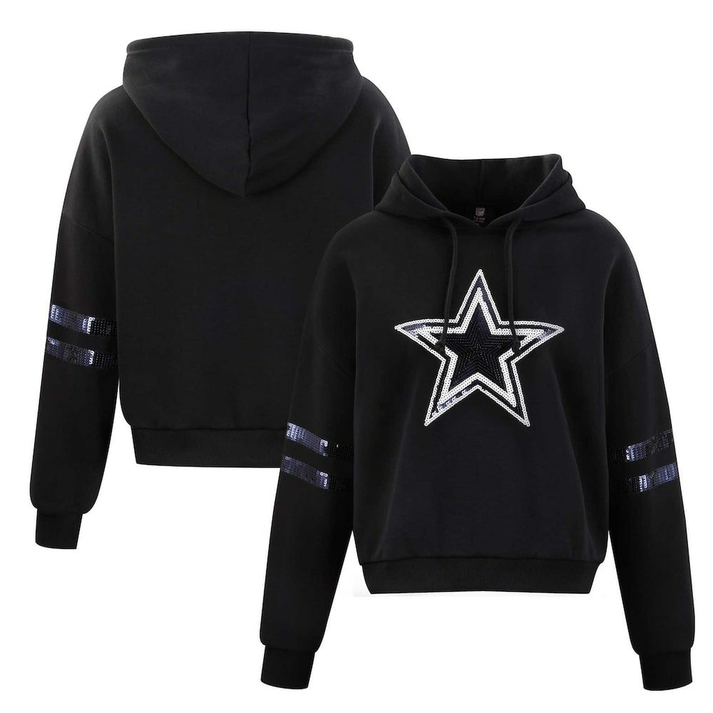 Dallas Cowboys Cuce Women's Cropped Sequins Pullover Hoodie Black