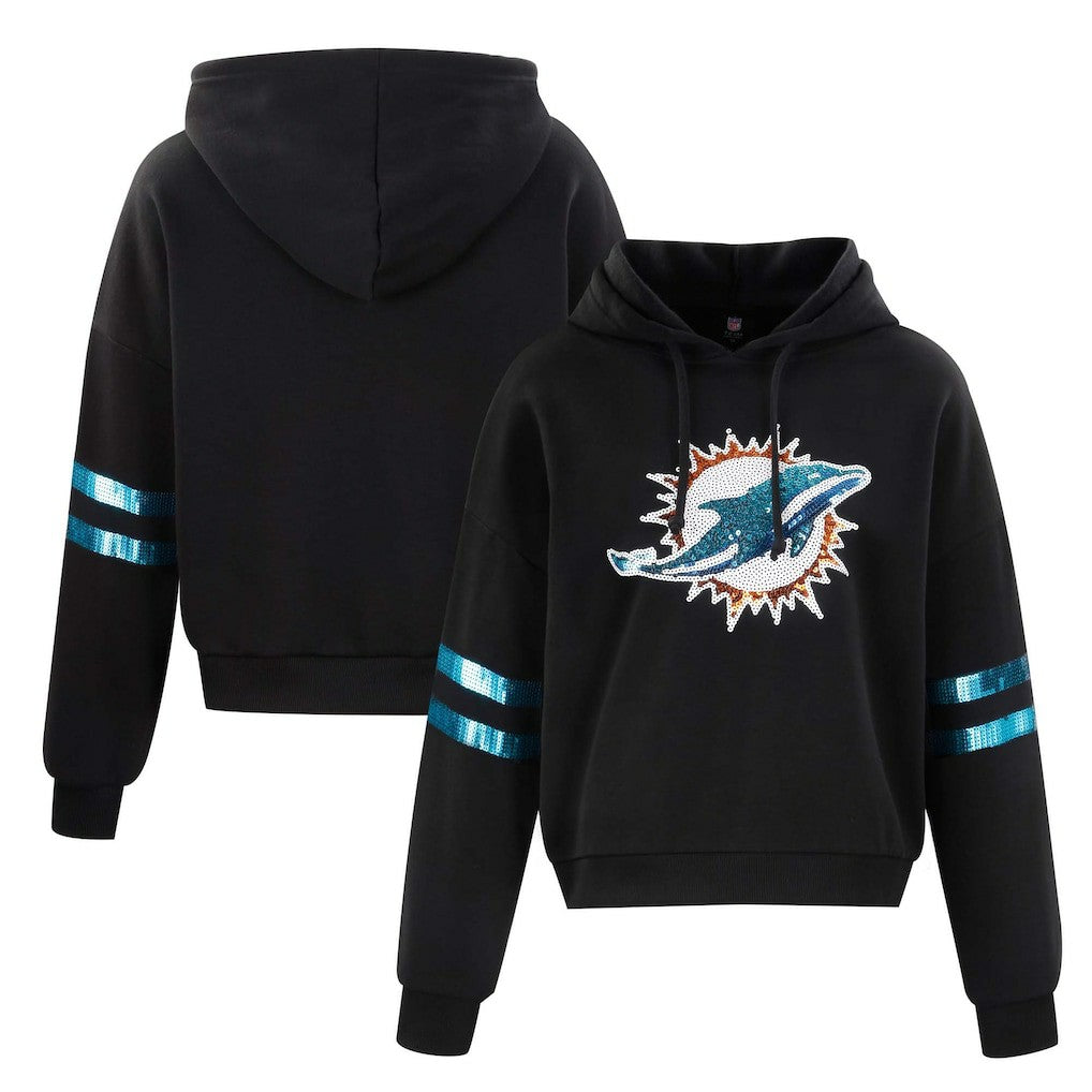 Miami Dolphins Cuce Women's Cropped Sequins Pullover Hoodie Black