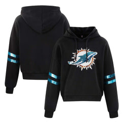 Miami Dolphins Cuce Women's Cropped Sequins Pullover Hoodie Black