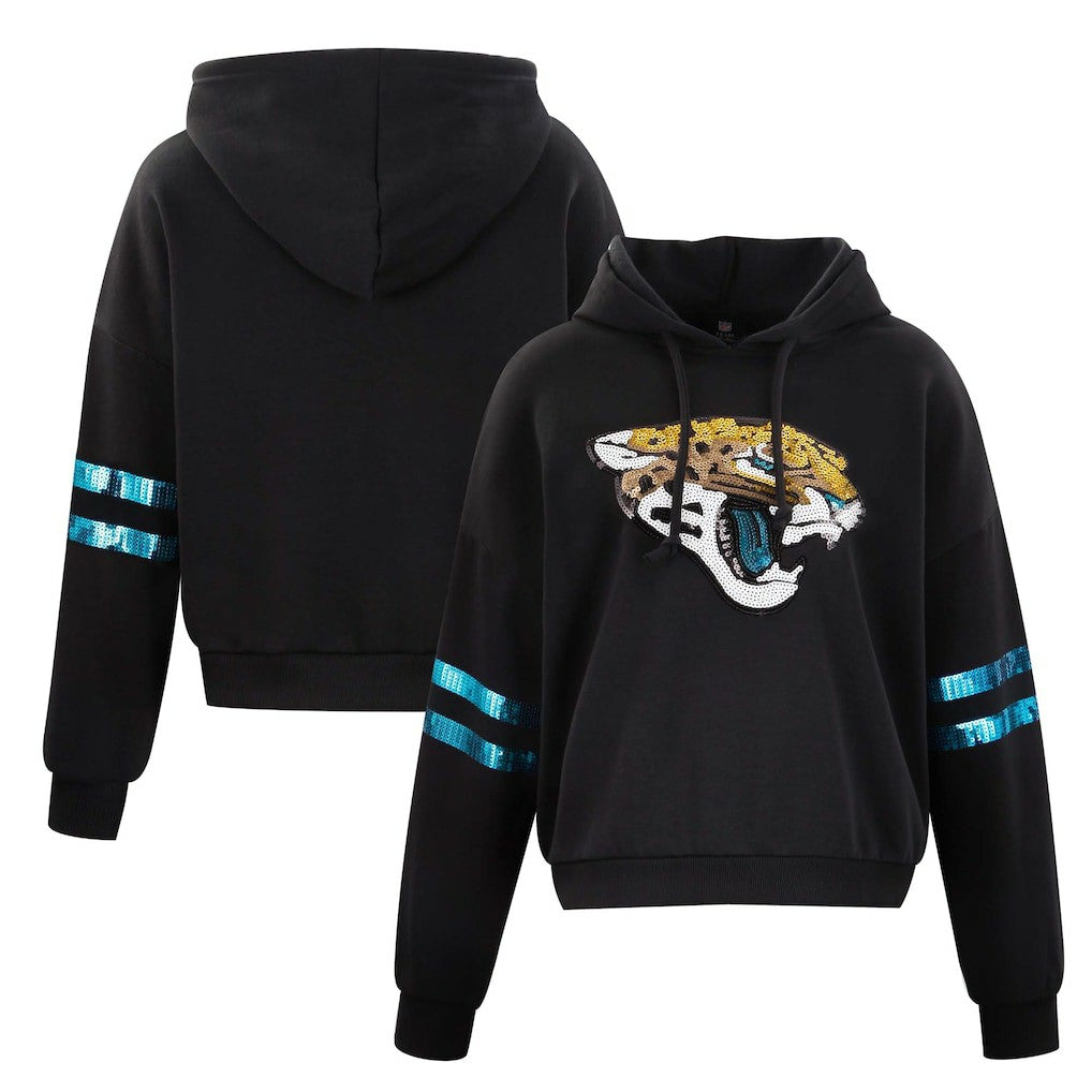 Jacksonville Jaguars Cuce Women's Cropped Sequins Pullover Hoodie Black