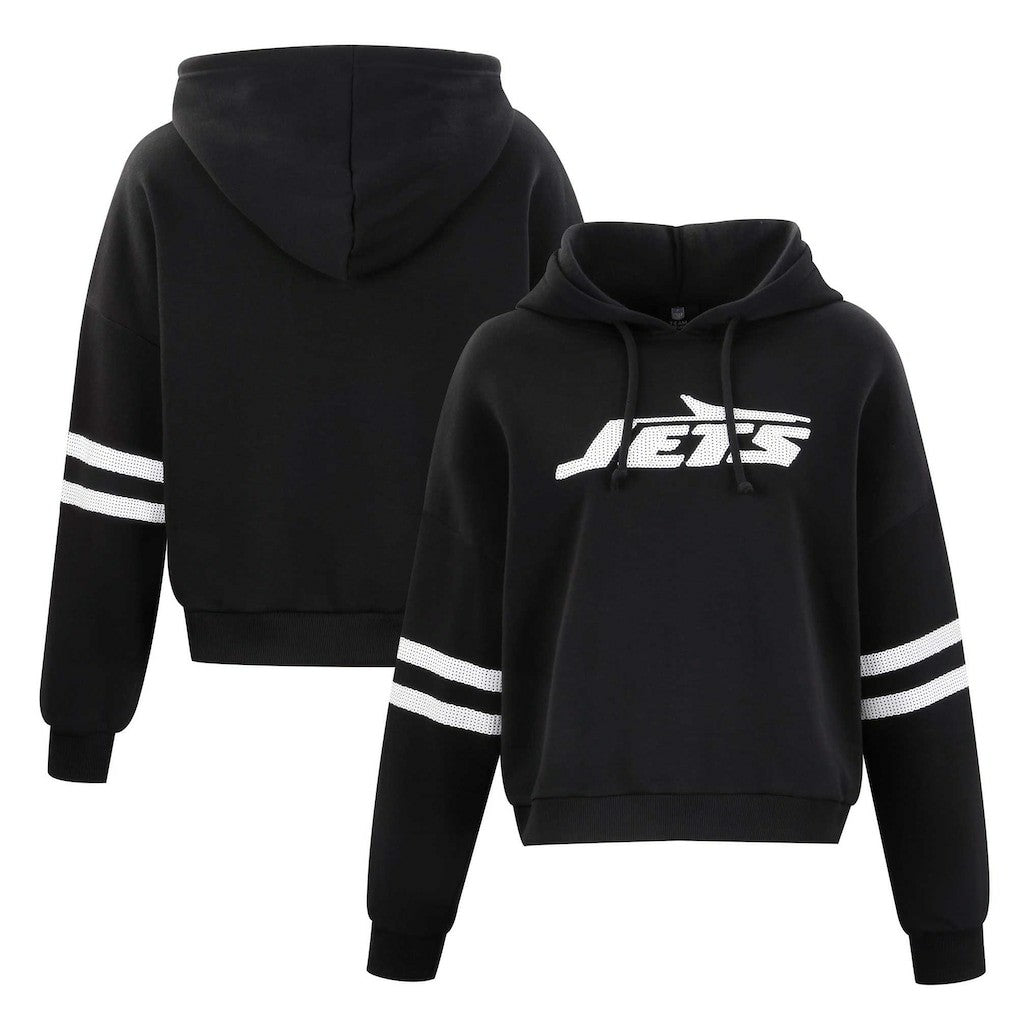 New York Jets Cuce Women's Cropped Sequins Pullover Hoodie Black