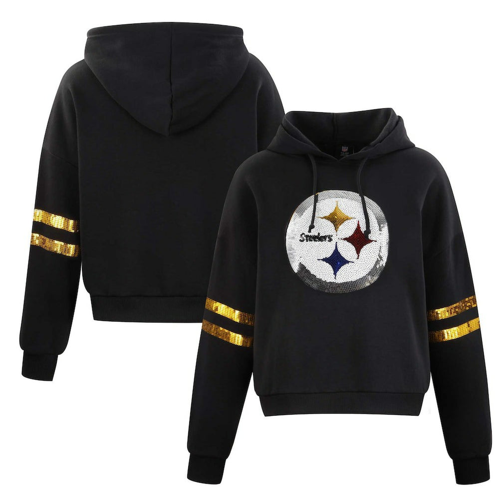 Pittsburgh Steelers Cuce Women's Cropped Sequins Pullover Hoodie Black