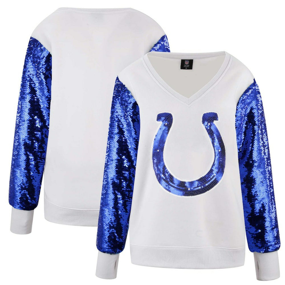 Indianapolis Colts Cuce Women's Sequin Sleeve V-Neck Pullover Sweatshirt- White