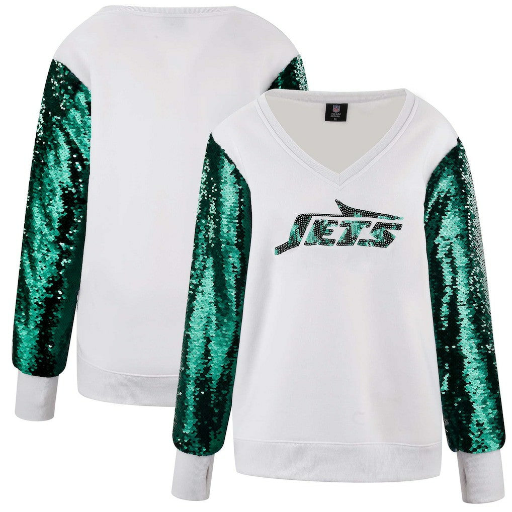 New York Jets Cuce Women's Sequin Sleeve V-Neck Pullover Sweatshirt- White