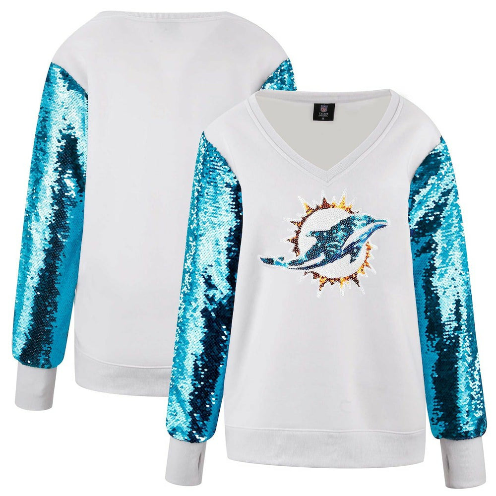 Miami Dolphins Cuce Women's Sequin Sleeve V-Neck Pullover Sweatshirt- White