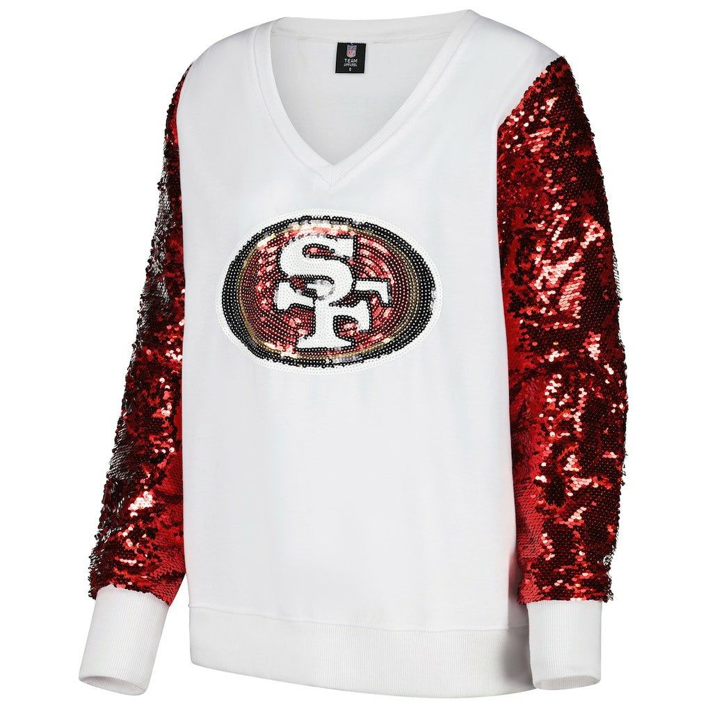 San Francisco 49ers Cuce Women's Sequin Sleeve V-Neck Pullover Sweatshirt- White