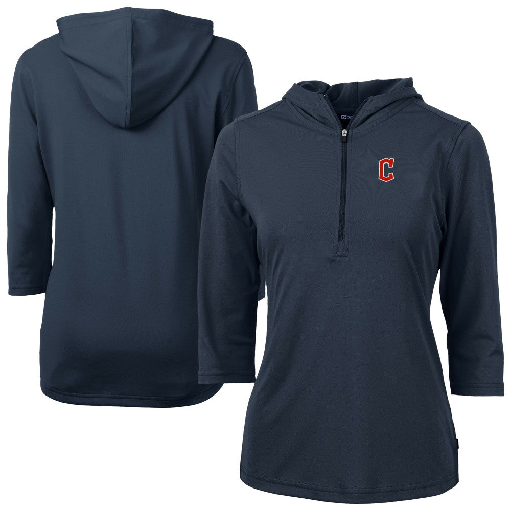 Cleveland Guardians Cutter & Buck Women's  DryTec Virtue Eco Pique Recycled 3/4-Sleeve Half-Zip Pullover Hoodie - Navy Hoodies