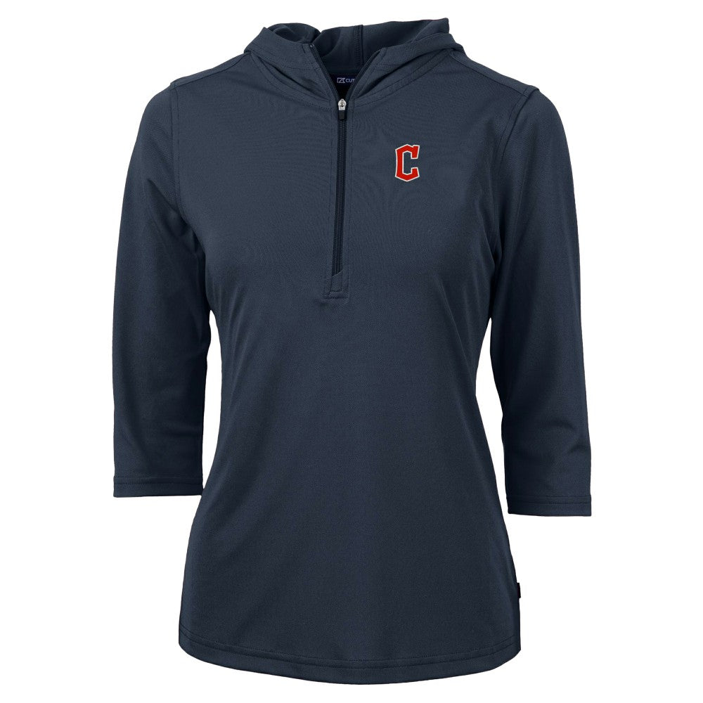 Cleveland Guardians Cutter & Buck Women's  DryTec Virtue Eco Pique Recycled 3/4-Sleeve Half-Zip Pullover Hoodie - Navy Hoodies