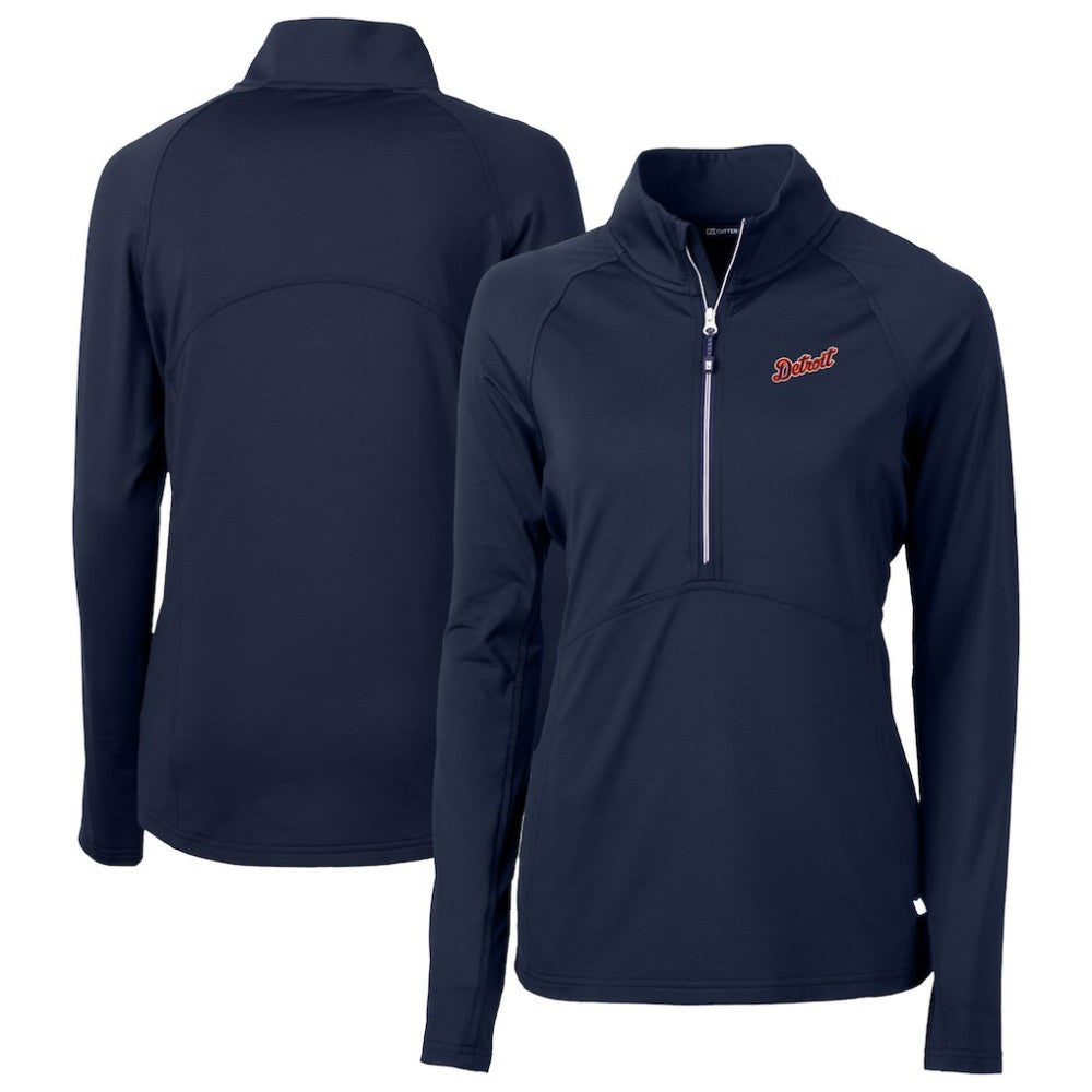 Detroit Tigers Cutter & Buck Women's  DryTec Adapt Eco Knit Stretch Recycled Raglan Half-Zip Top - Navy Tops