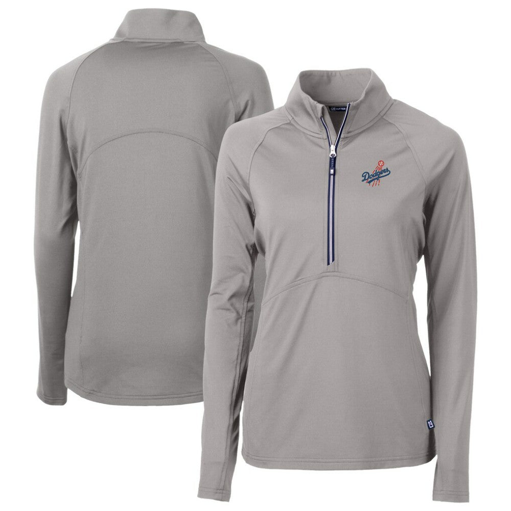 Los Angeles Dodgers Cutter & Buck Women's  DryTec Adapt Eco Knit Stretch Recycled Raglan Half-Zip Top - Gray Tops