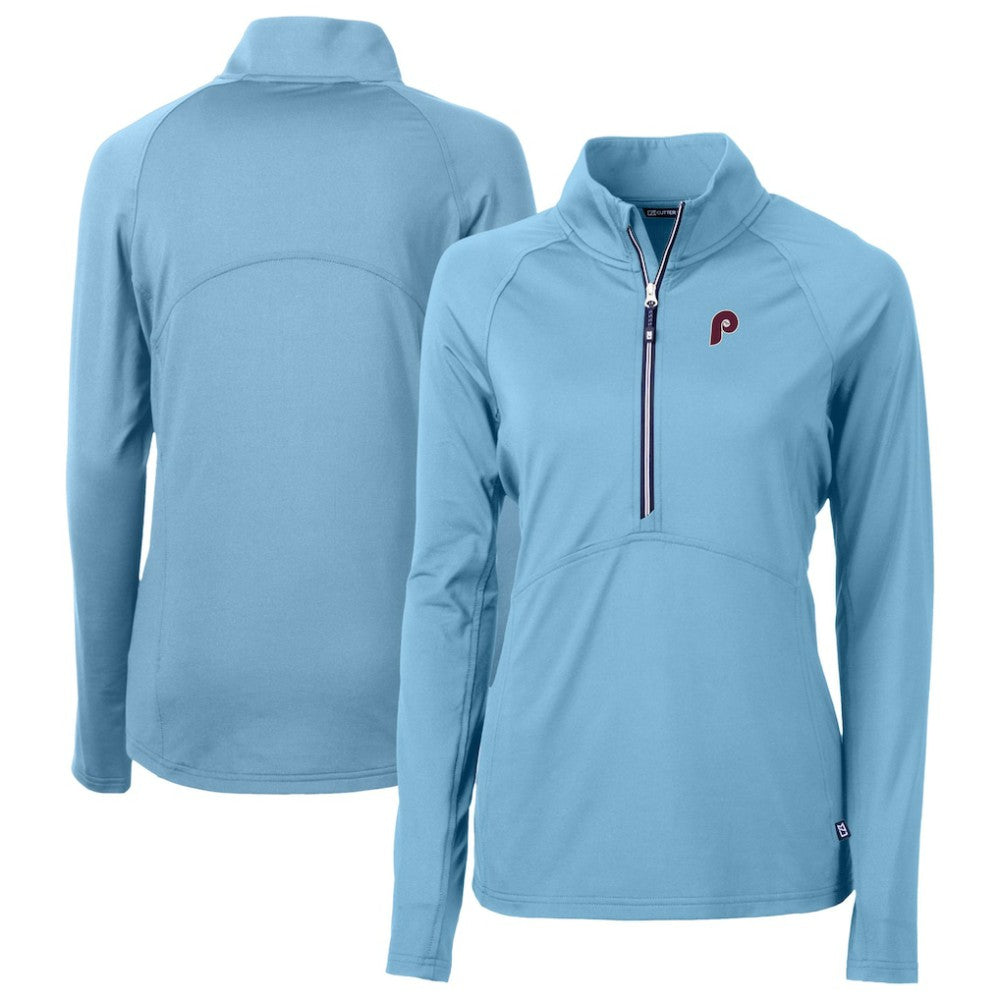 Philadelphia Phillies Cutter & Buck Women's Cooperstown Collection DryTec Adapt Eco Knit Stretch Recycled Raglan Half-Zip Top - Powder Blue Tops